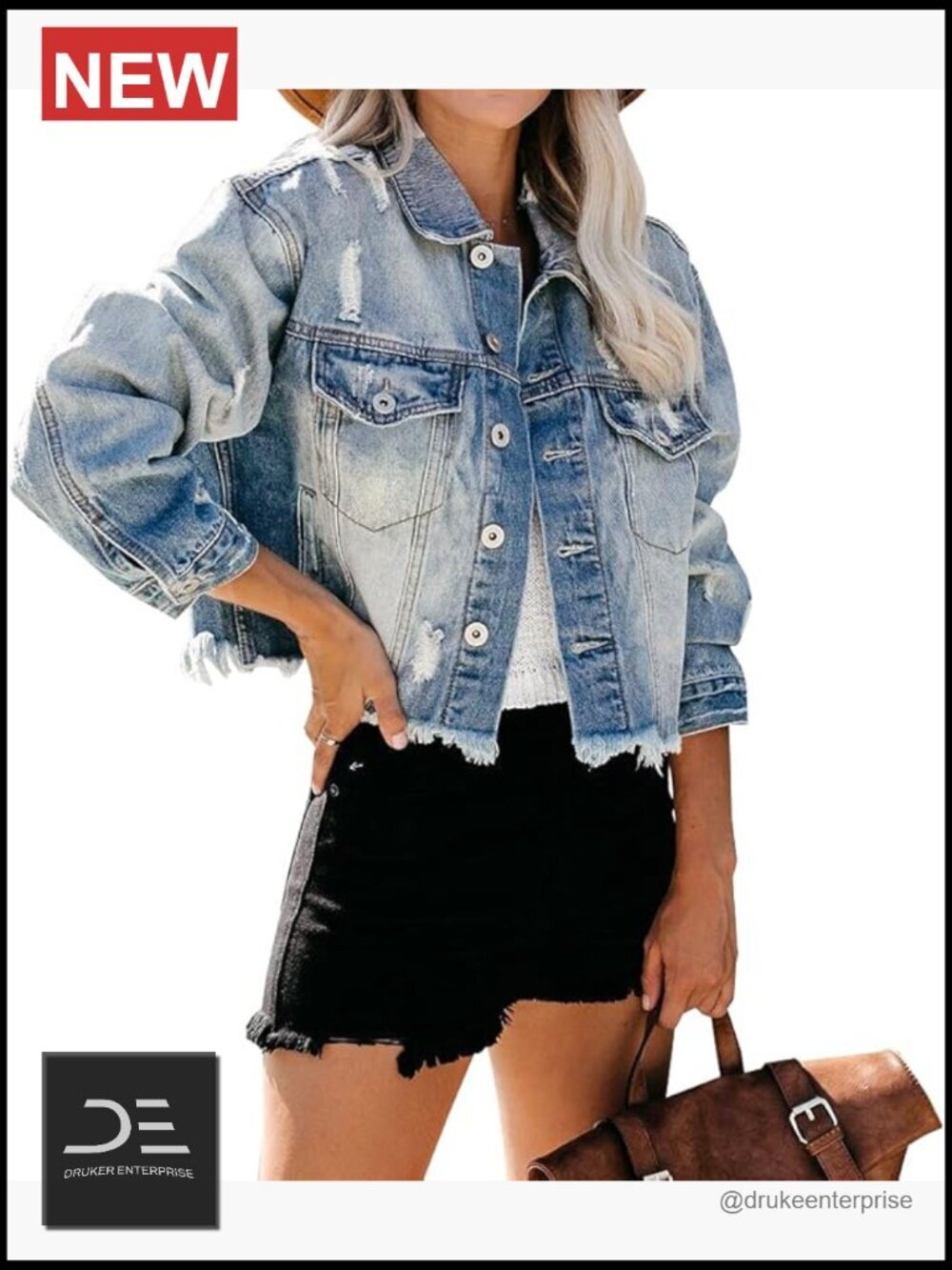 Cropped Denim Jacket Long Sleeve Button Down Distressed Frayed Hem